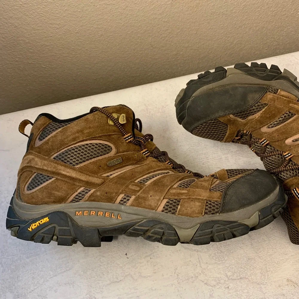 Merrell Moab 2 Mid Hiking Boots‎ Mens 14 Brown Suede Vibram J06057M Earth EUC